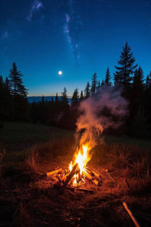 Bonfire scene in the forest on a moonlit nightの素材