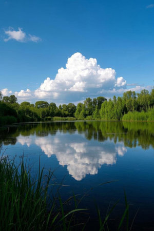 Lakeside blue sky, white clouds and green trees reflecting landscapeの素材