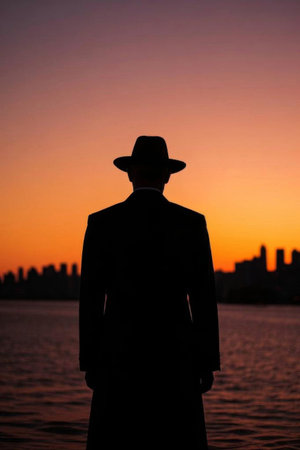 Silhouette of a man's back on the shore at sunsetの素材