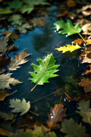 Colorful autumn leaves float on the waterの素材