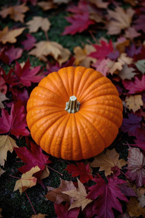 Pumpkin Still Life in Fall Leavesの素材
