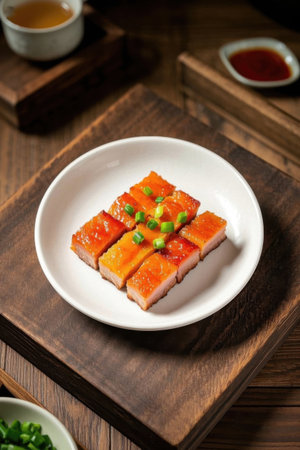 Delicious barbecued pork on a white plateの素材