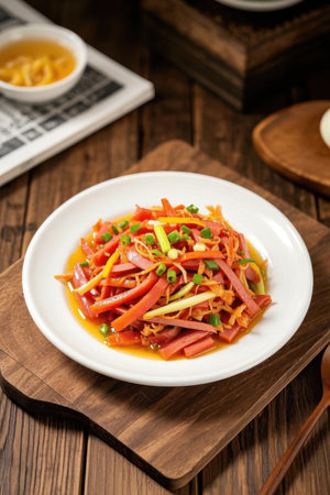 Cold mixed dishes on a wooden cutting boardの素材