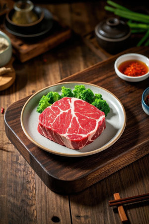 Fresh beef and broccoli on a wooden platterの素材