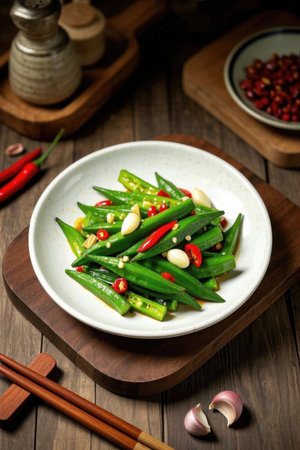 Chili fried okra dish on a wooden plateの素材