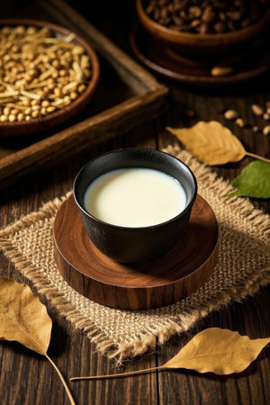 White drinks in bowls on wooden tableの素材