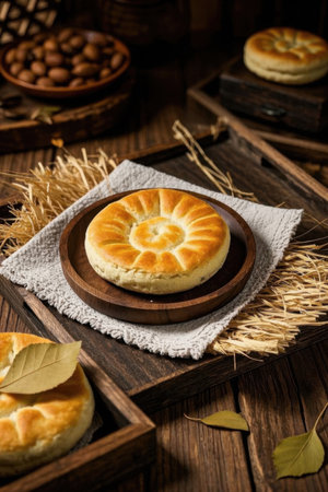 Delicious baked treats on a wooden plateの素材