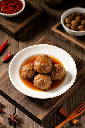 Close up of braised meatballs on a wooden plateの素材