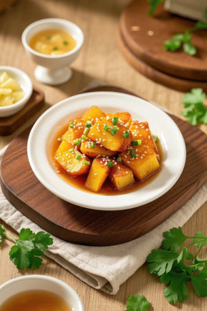 Delicious tofu dishes on wooden platesの素材