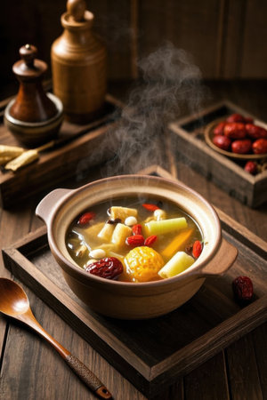 Steaming hot stew pot of health preserving ingredientsの素材
