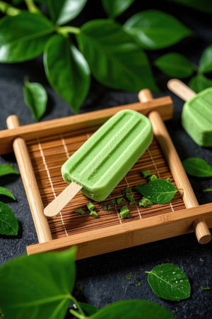 Matcha flavored popsicles on a bamboo trayの素材