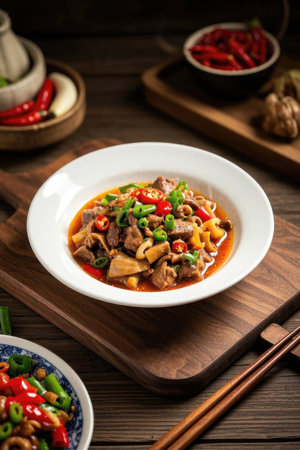 Close up of the Chinese dish beef stir fried bamboo shootsの素材