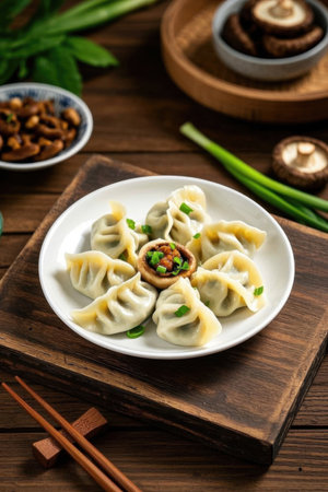 Delicious dumplings on a wooden tableの素材