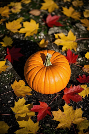Pumpkins and fallen leaves on the ground in autumnの素材
