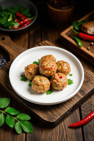 Still life photo of delicious meatballs on a wooden plateの素材