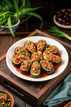 Close up of delicious eggplant dishesの素材