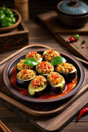 Minced meat and eggplant delicacy served on a wooden plateの素材