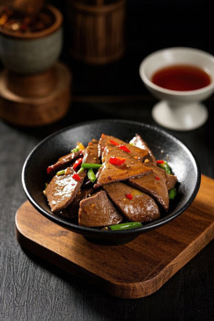 Black bowl fried pork liver with chili peppersの素材