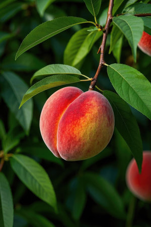 Close up of ripe peaches on branchesの素材