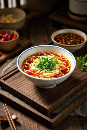 A bowl of red oil noodles on a wooden plateの素材