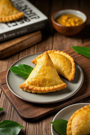 Delicious crispy triangles on a wooden tableの素材