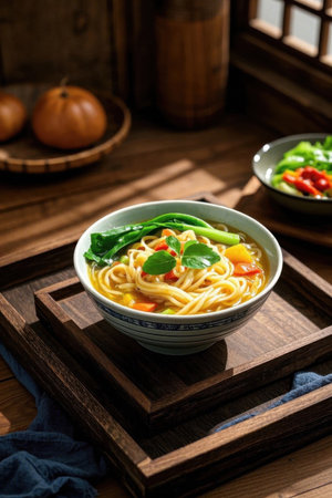 Vegetable noodle delicacies on wooden tablesの素材