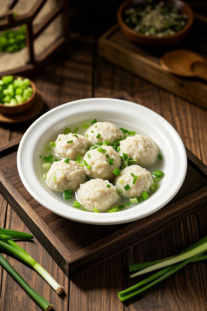 Scallion meatballs in a white bowl on a wooden plateの素材