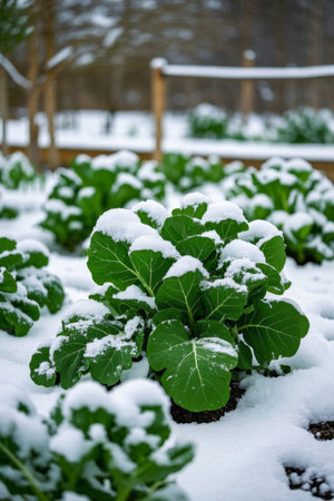 Green vegetables in a snow covered vegetable gardenの素材