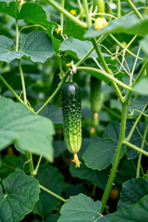 Fresh cucumbers growing on vinesの素材
