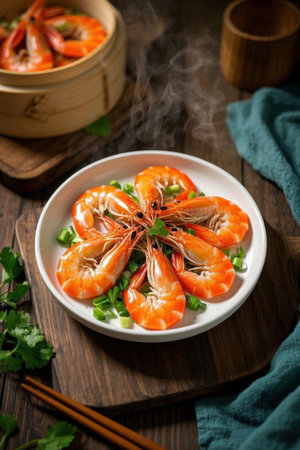 Tender prawns on a white plateの素材