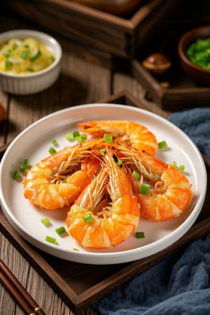 White burning prawns on a wooden plateの素材