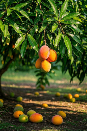 Mature mango scene on trees and on the groundの素材
