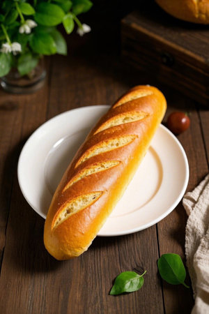 Baguette on a white plate on a wooden tableの素材