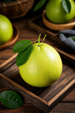 Fresh grapefruit on a wooden plateの素材
