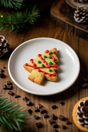 Close up of Christmas cookies in the shape of a Christmas treeの素材