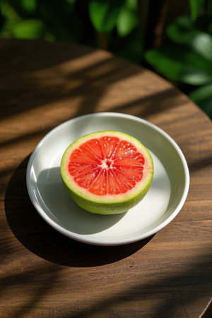 Half a grapefruit on a white plate on a wooden tableの素材