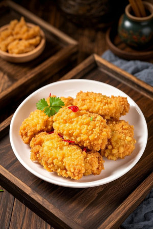 Deep fried delicious chicken nuggets on a wooden plateの素材