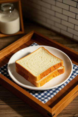 Sliced bread on a wooden trayの素材