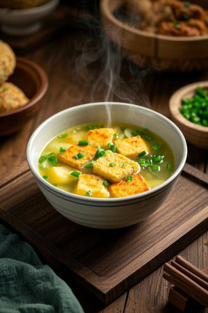 Steaming tofu soup food sceneの素材