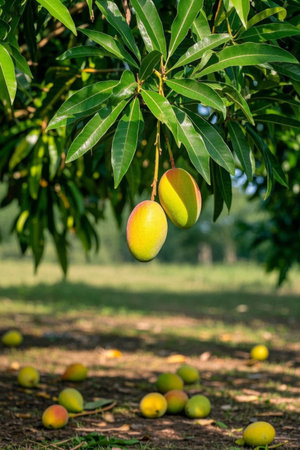 Mangoes ripe on trees and on the groundの素材