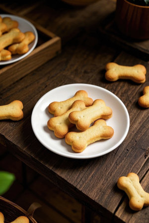 Bone shaped cookies on a wooden tabletopの素材