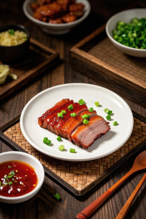 Delicious barbecued pork on a Chinese plateの素材