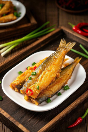 Deep fried fish with onions and peppersの素材