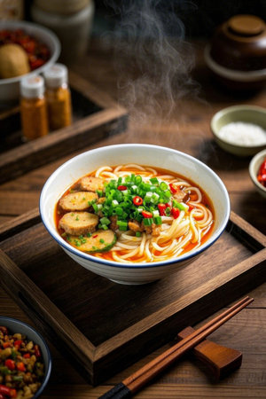 A steaming bowl of noodles on a wooden trayの素材