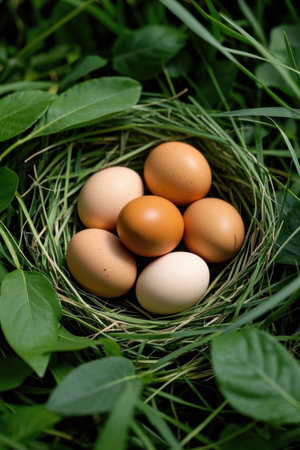 Close up of an egg in a grass nestの素材