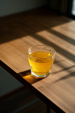 Yellow drink in glass on wooden tableの素材