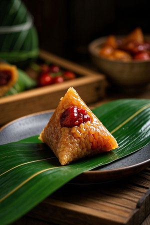 Close up of red date rice dumplings on the plateの素材