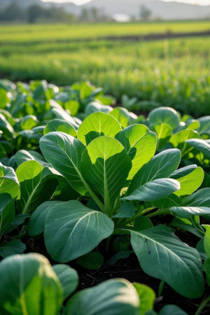 Green vegetables growing in farmlandの素材