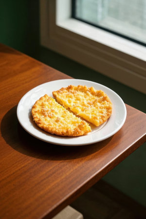 Delicious food on a white plate on a wooden tableの素材