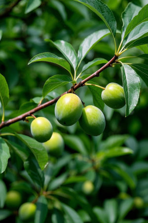 Close up of green plums and green leaves on the branchesの素材